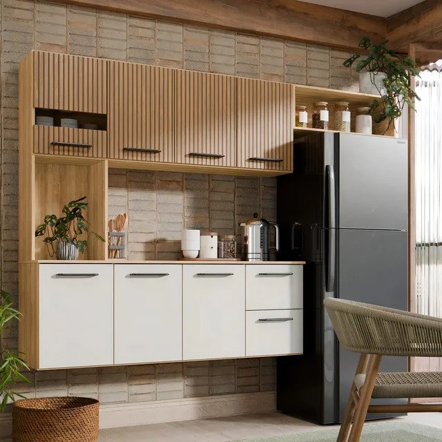 ✨Armário De Cozinha Completa Aéreo 7 Portas E 2 Gavetas Planejada Suspenso Branco Off White Ripado Carvalho Nature Amadeirado Juliana Off Ripado