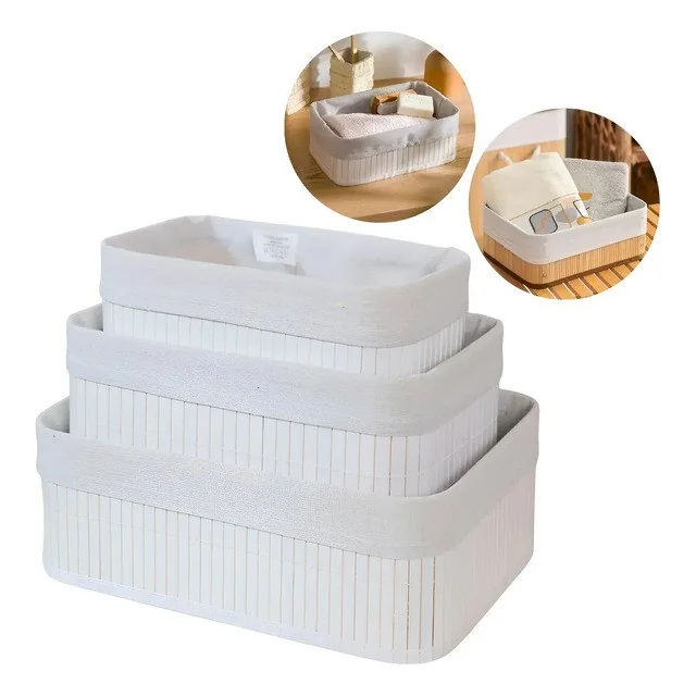 ✨Kit 3 Cestos Organizadores De Bambu Multiuso Com Forro Cor Branco