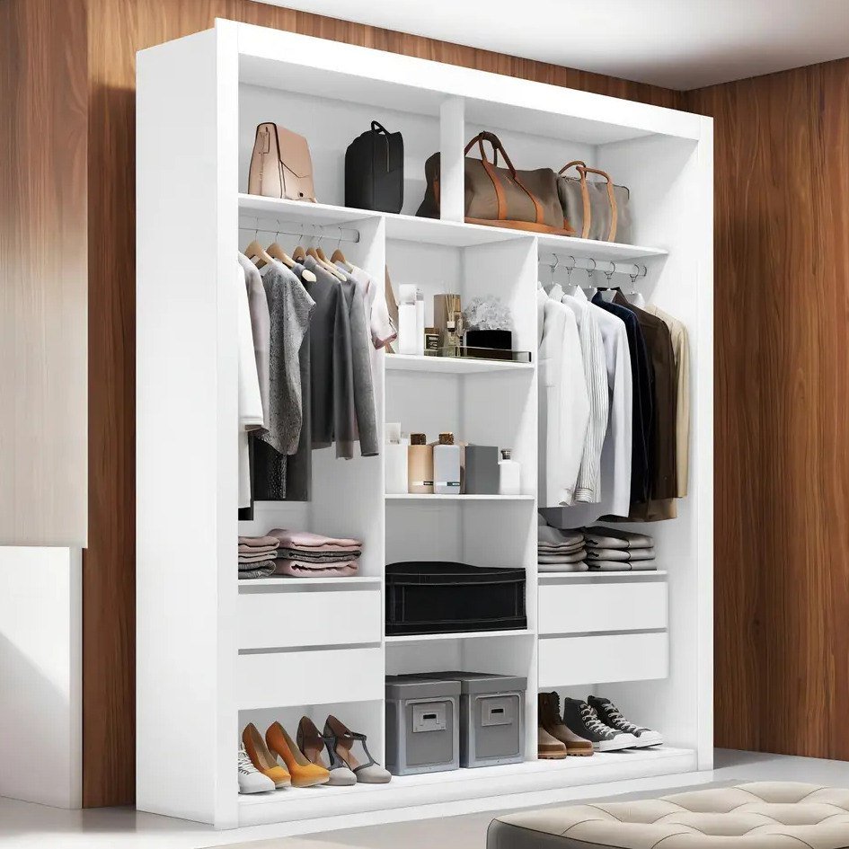 ✨ Closet Casal MDF 4 Gavetas 5 Prateleiras Branco Amoudi