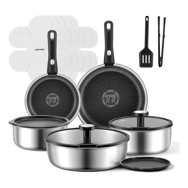 ✨Jogo De Panelas Inox 18 Peças Antiaderente Com Alças Removíveis Preto