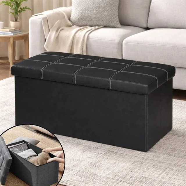 ✨Recamier Calçadeira Baú Puff Organizador Estofado Dobravel Preto