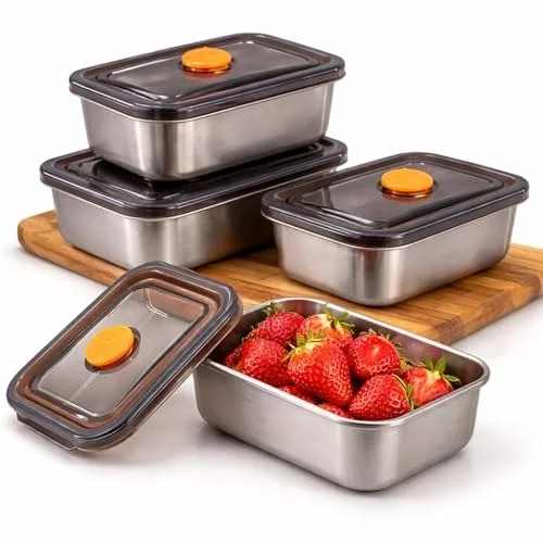 ✨ Kit 4 Potes Herméticos de Aço Inox 500ml com Tampa, Recipientes para Armazenar Alimentos, Marmita Inox, Potes para Geladeira e Cozinha, Vedação Segura