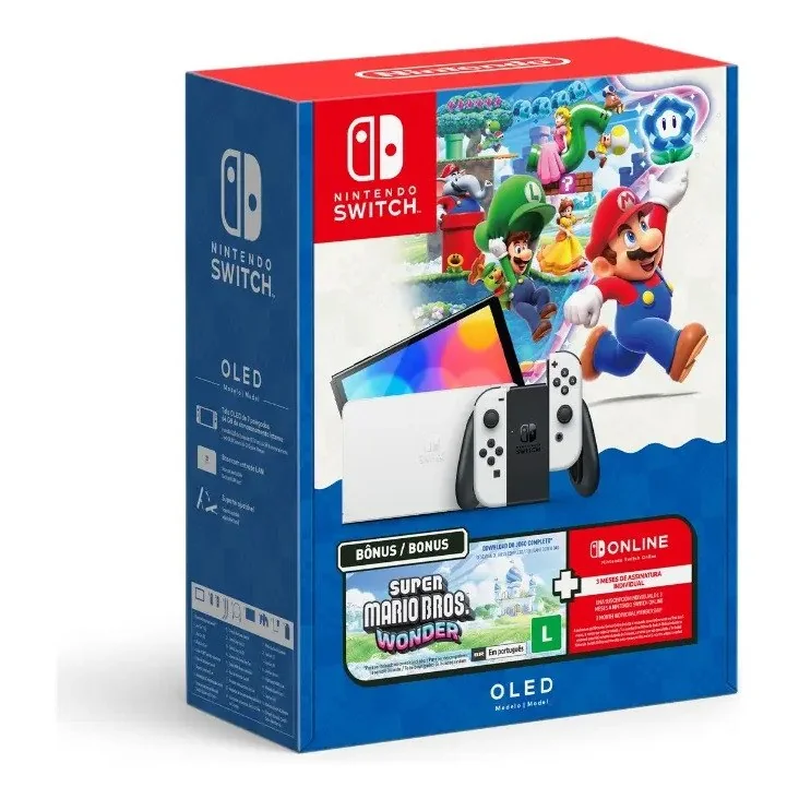 ✨ Console Nintendo Switch Oled Nintendo Bundle Super Mario Bros Wonder 3 Meses Nintendo Switch Online 64gb Branco