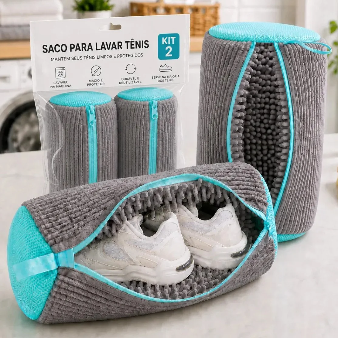 ✨ Kit 2 Sacos Para Lavar Tênis E Sapatos Em Máquina De Lavar – Saco Telado Anti-Impacto Com Fechamento Em Zíper