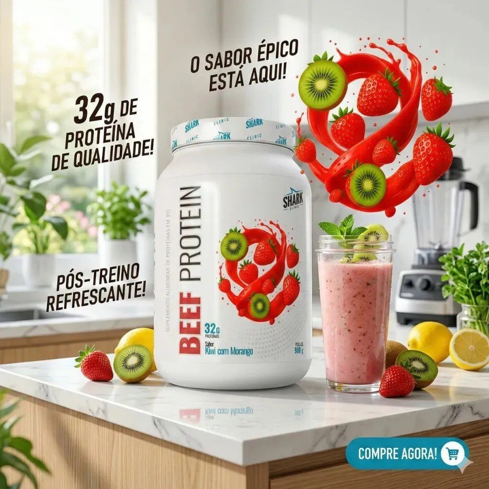 ✨ Beef Protein Isolado Hidrolisado Morango Kiwi 900g Shark Morango Kiwi Morango Kiwi