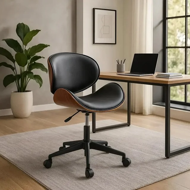 ✨Cadeira De Escritório Design Luxuoso Giratória Home Office Madeira Preto Couro Sintético