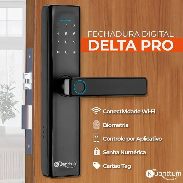 ✨Fechadura Digital Biométrica Kuanttum Delta Pro Wifi Senha App Tuya Preta Preto