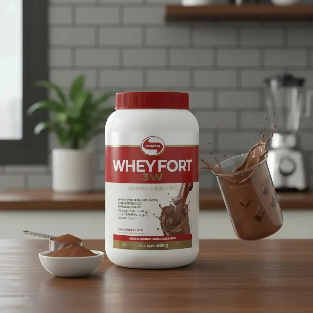 ✨ Whey Fort 3W Vitafor Proteina em Po Sabor Chocolate. Em Pote De 900g