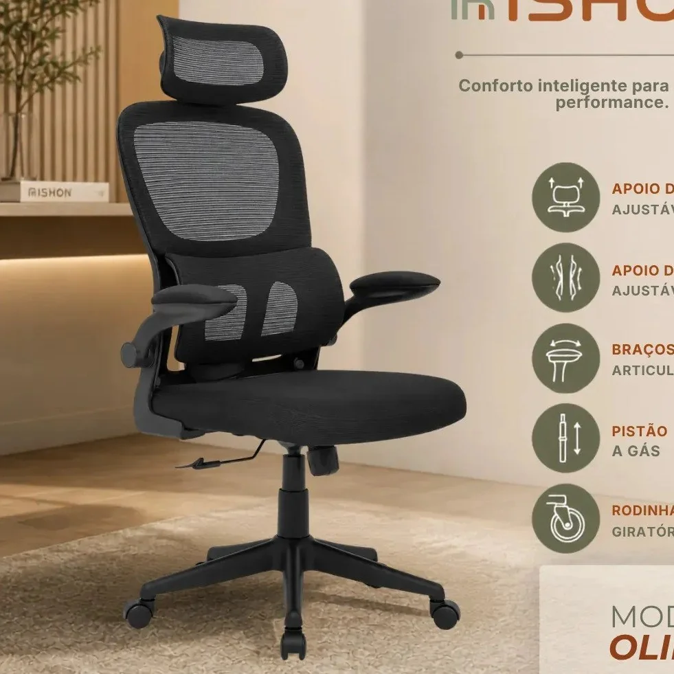 ✨ Cadeira Escritório Ergonômica Giratoria Reclinavel Olinda RSH500 Rishon Cor Preto Com Suporte Lombar Estofado Mesh