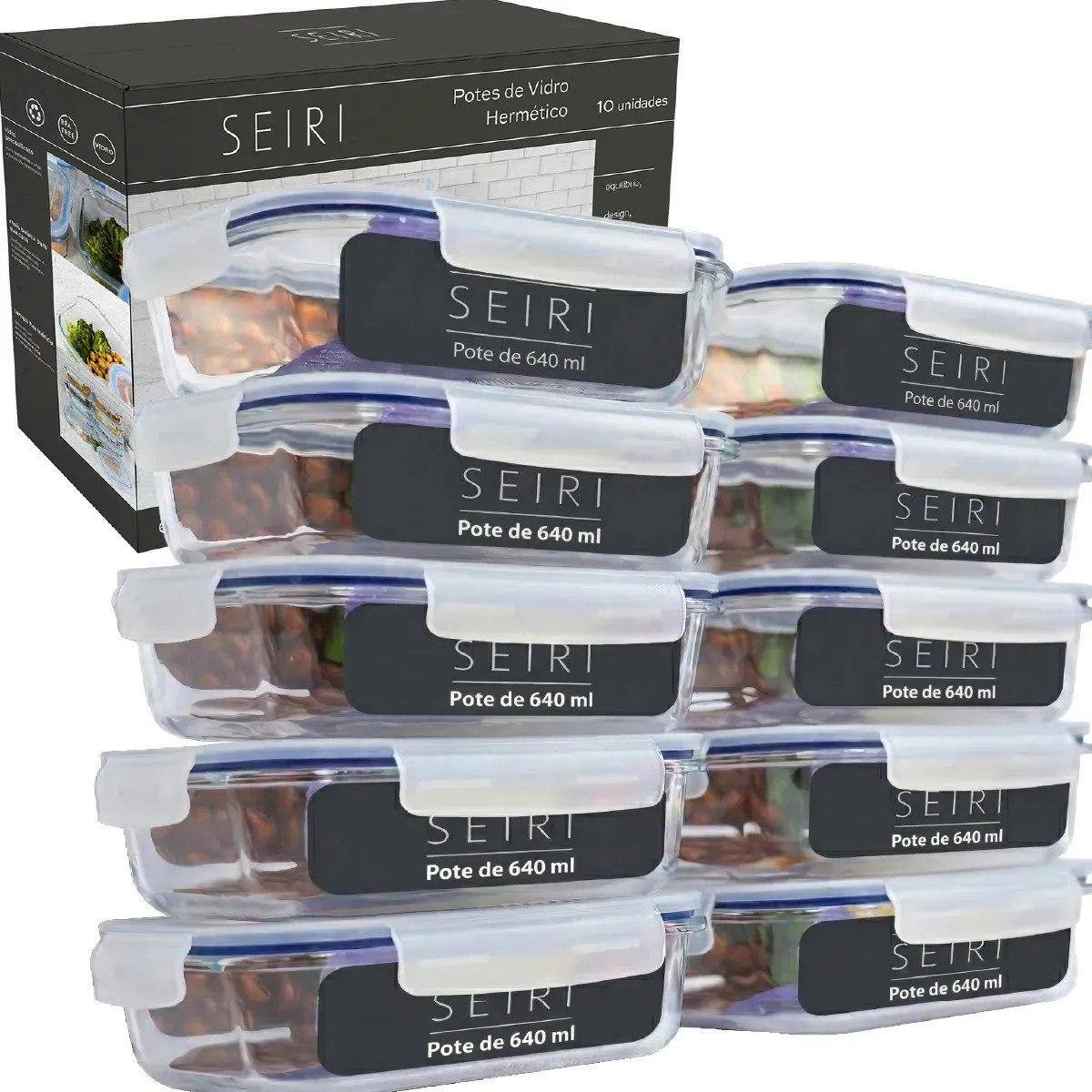✨ Kit 10 Pote De Vidro Marmita Hermético 640ml Freezer Fitness Borossilicato 4 Travas Micro-ondas Azul-Escuro