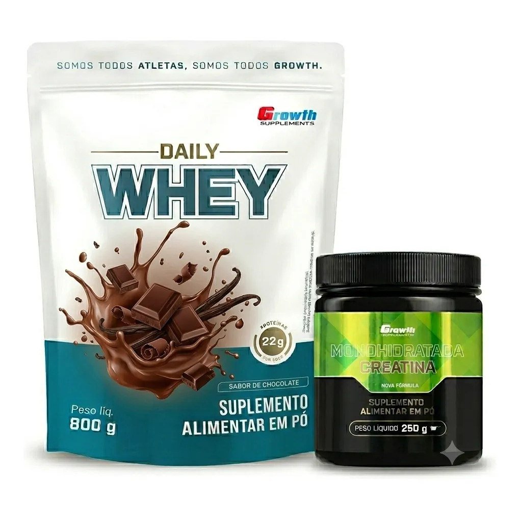✨ Kit Growth: Daily Whey Protein Chocolate 800g + Creatina Monohidratada 250g