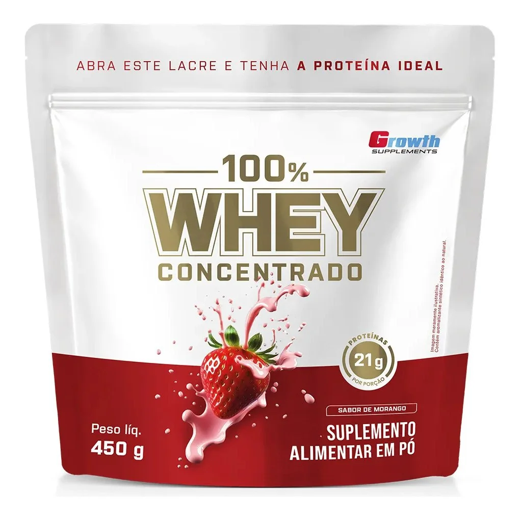 ✨ 100% Whey Concentrado 450g Growth Supplements Morango