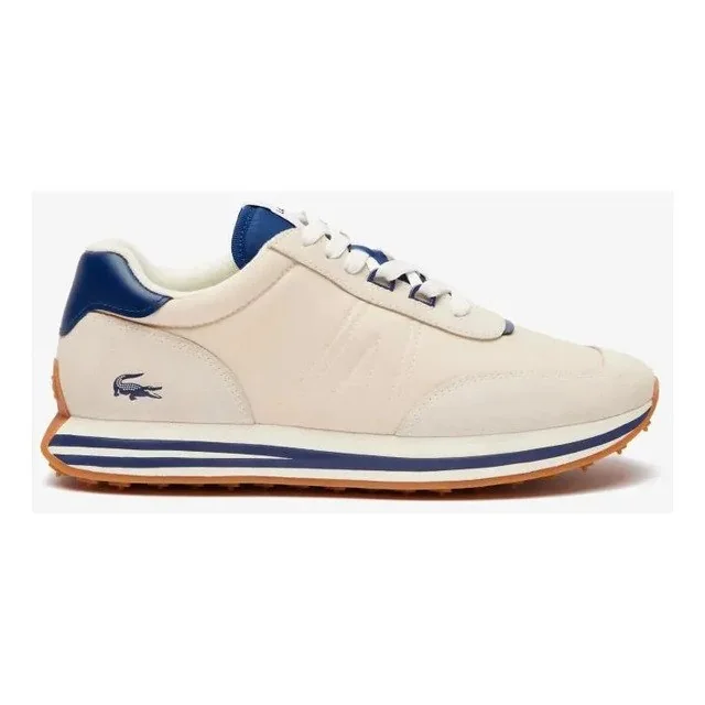 ✨Tênis Lacoste Lacoste Masculinas De Couro E Tecido L-spin Bege Claro / Azul Marinho Liso 40